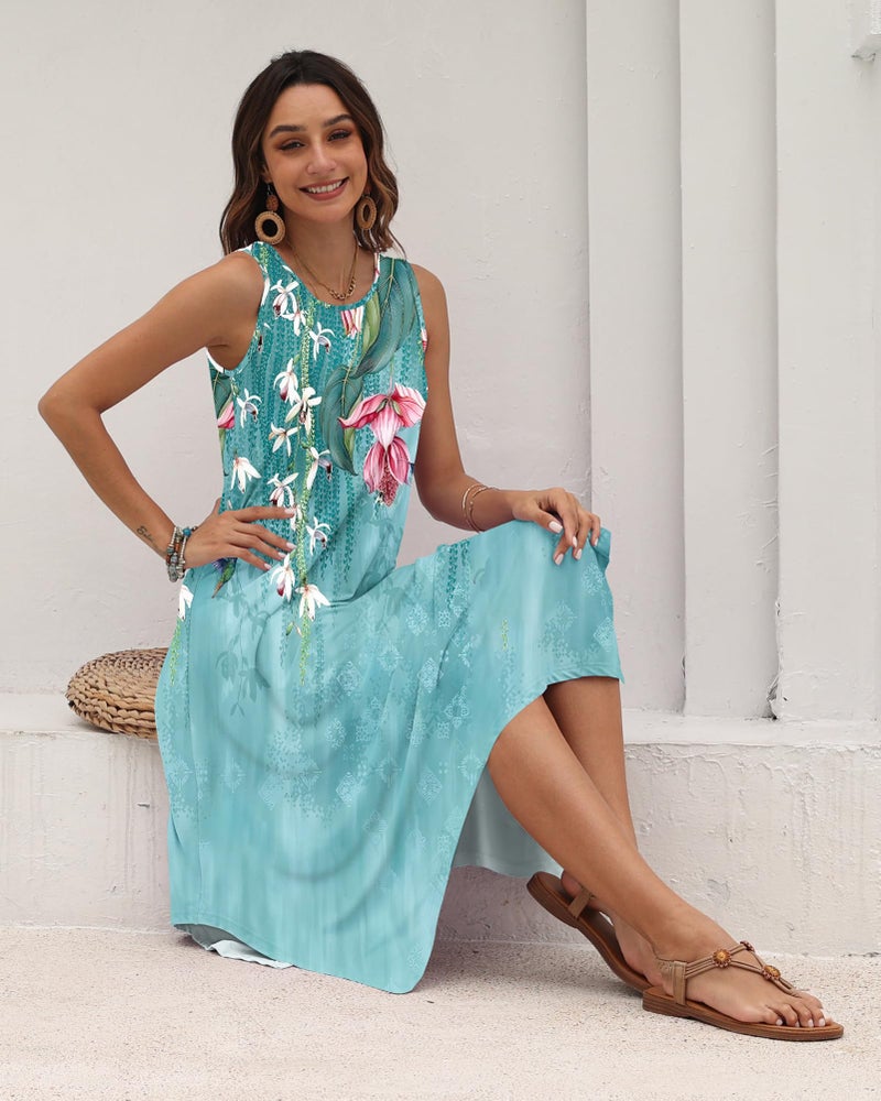 AUSELILY Women's Summer Dresses 2026 Casual Sleeveless Sundress Asymmetrical Hem Midi Tank Beach Dress with Pockets BU Flower&Bird M - Image 3