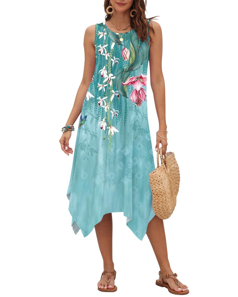 AUSELILY Women's Summer Dresses 2026 Casual Sleeveless Sundress Asymmetrical Hem Midi Tank Beach Dress with Pockets BU Flower&Bird M - Image 2