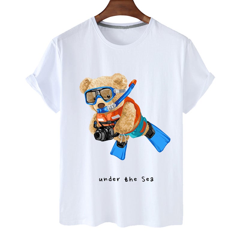 independent station summer popular diving swimming bear fashion short-sleeved T-shirt European Station - Image 3