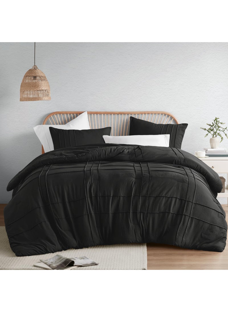 Comfort Spaces Comfort Spaces Black Cal King Size Comforter Set - 3 Piece Pintuck Pleated Bedding Set  All Season Lightweight  Extra Softness Pre-Washed Microfiber Bed Set  Shams  - Image 1