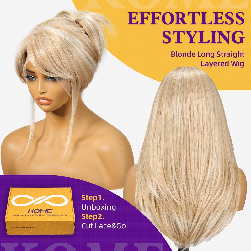 KOME Blonde Synthetic Lace Front Wig,13X6 Long Straight Layered Glueless Wigs for Women Daily Use 22IN - Image 2