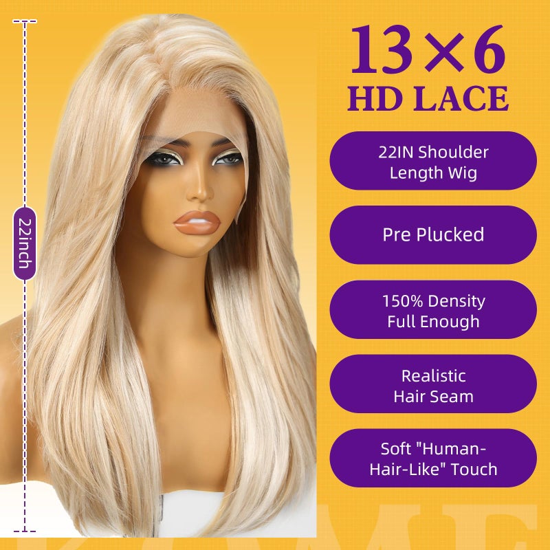 KOME Blonde Synthetic Lace Front Wig,13X6 Long Straight Layered Glueless Wigs for Women Daily Use 22IN - Image 4