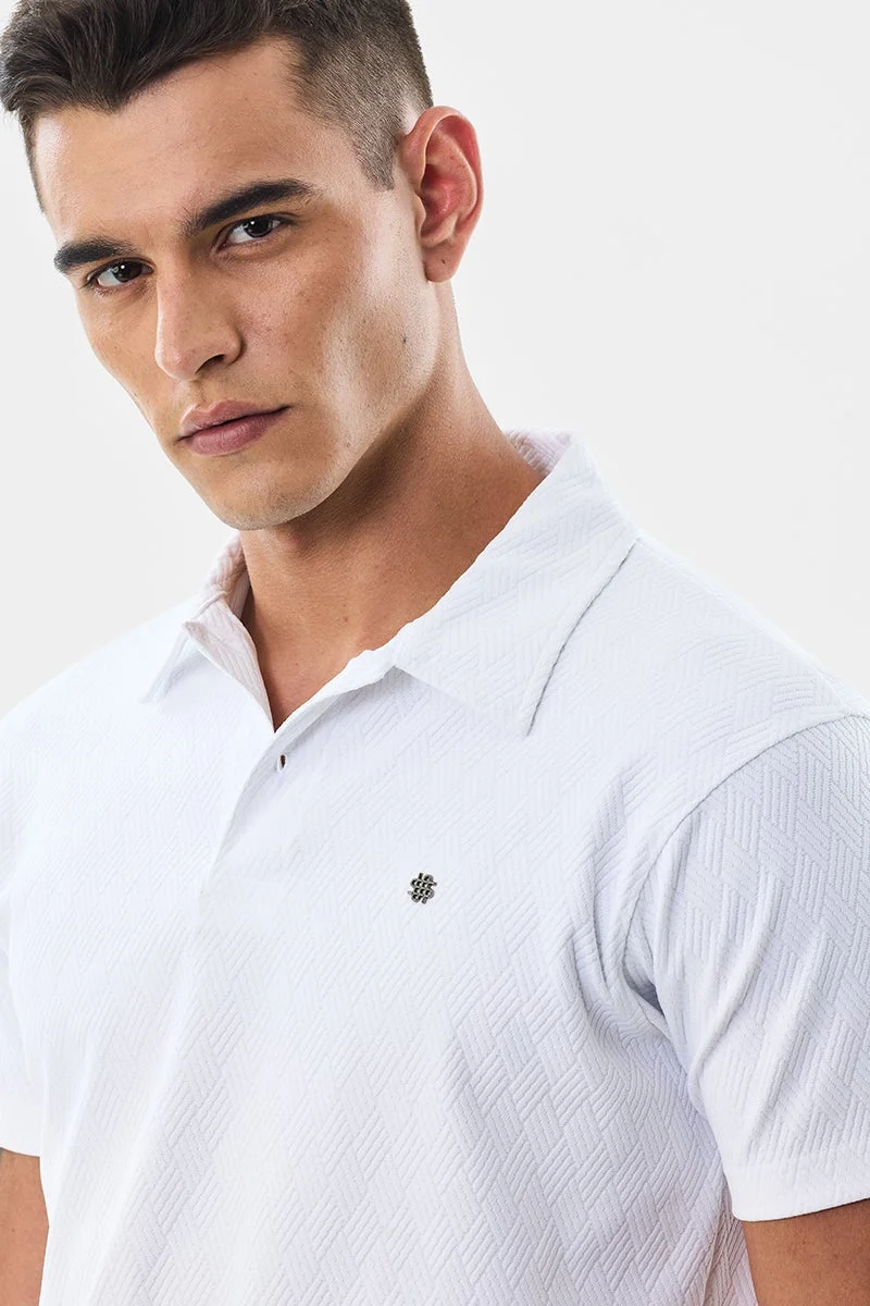 SNITCH White Textured Half Sleeve Slim Fit T-Shirt
