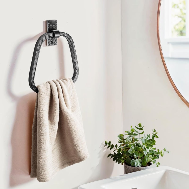 Monarch Abode Bathroom Towel Holder – 7-Inch Round Matte Black Bathroom Hand Towel Holder for Bathrooms Wall, Metal Hand Hammered Towels Ring Wall Mount, Modern Surface-Mounted Ring Hanger - Image 3