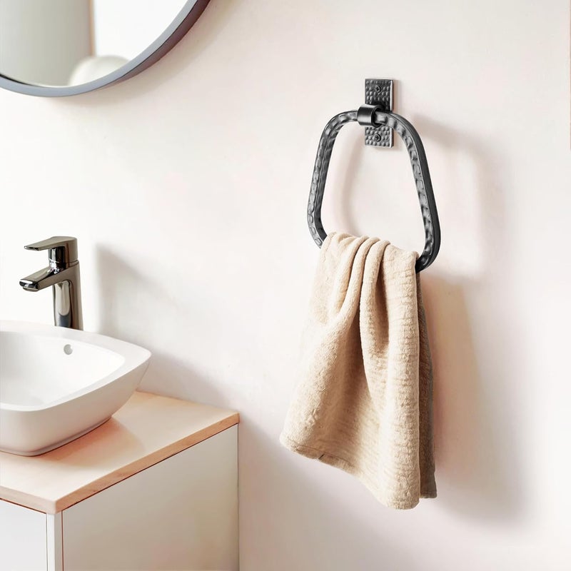 Monarch Abode Bathroom Towel Holder – 7-Inch Round Matte Black Bathroom Hand Towel Holder for Bathrooms Wall, Metal Hand Hammered Towels Ring Wall Mount, Modern Surface-Mounted Ring Hanger - Image 4