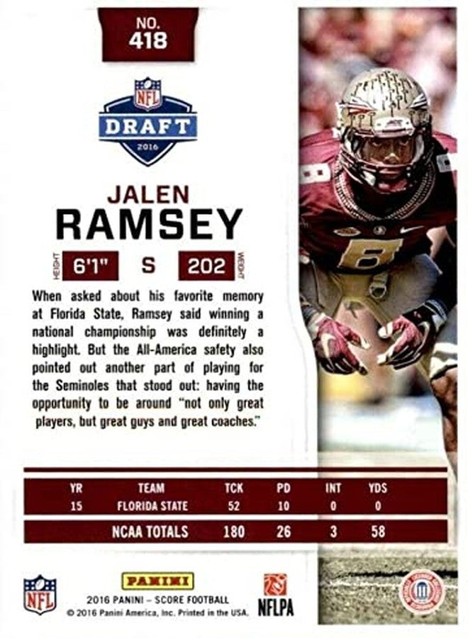 SCORE Jalen Ramsey 2016 Score Football Series Mint Rookie Card #418 picturing Him in his Red Florida State College Jersey - Image 2