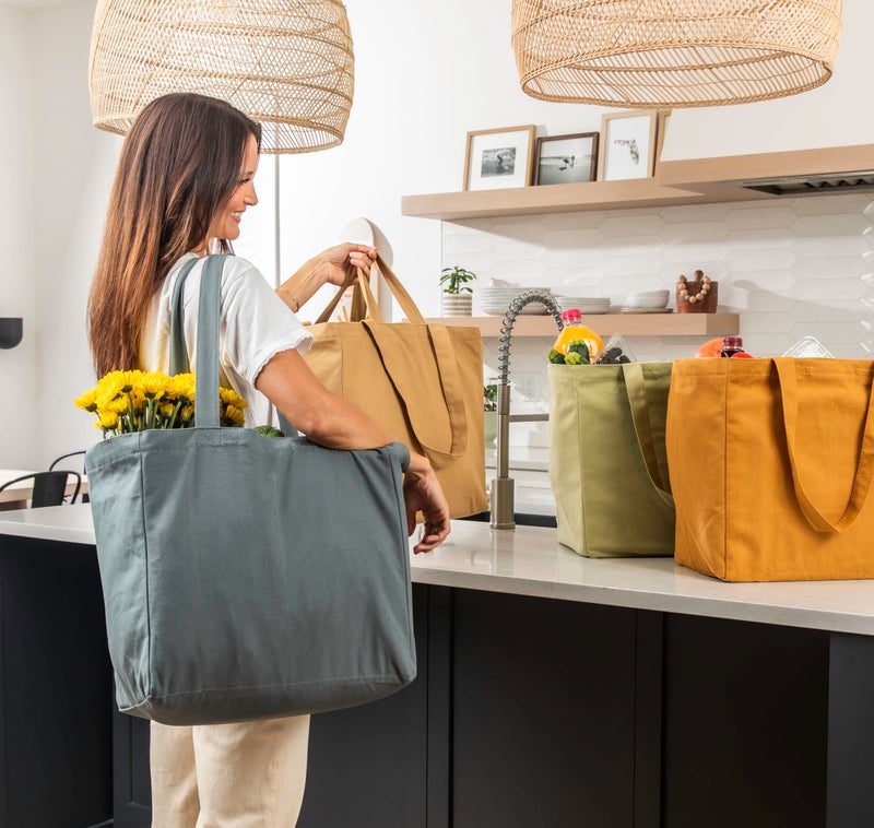 VeraMia VeraMia Canvas Grocery Bag 3pc Jumbo Set with Real Pockets  Long Shoulder Strap and Short Handle. Reusable Shopping Bags for Groceries Heavy Duty  Foldable  Washable  Grocery Tote Bag (Caribbean)  - Image 3