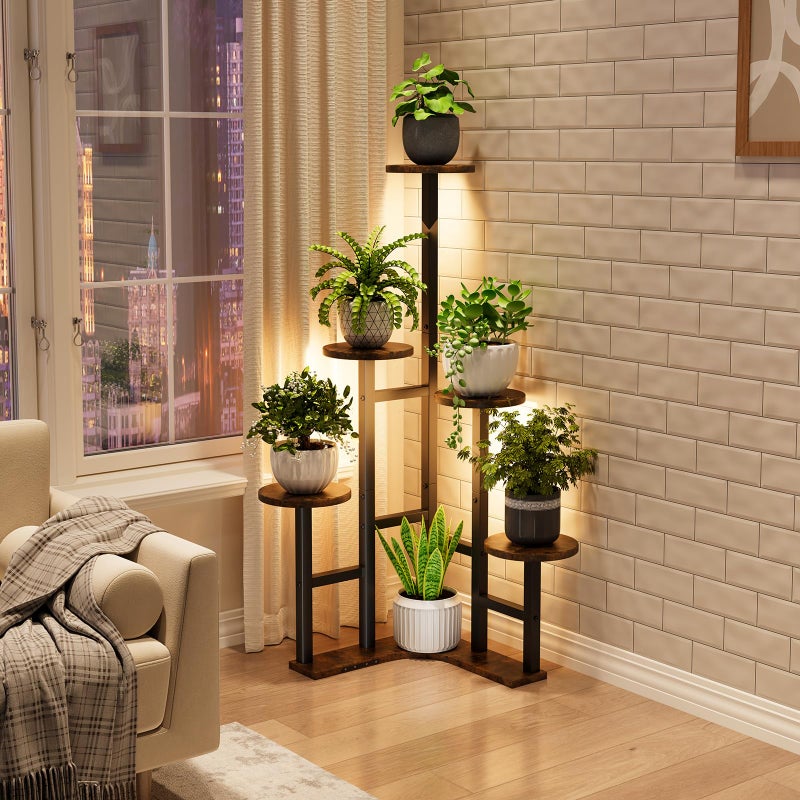 Yzosvki Corner Plant Stand Indoor with Grow Lights, 6 Tiered Corner Plant Shelf Flower Stand for Multiple Plants, Plant Shelves Organizer Rack for Living Room, Balcony, Patio, Round Rustic Brown - Image 2