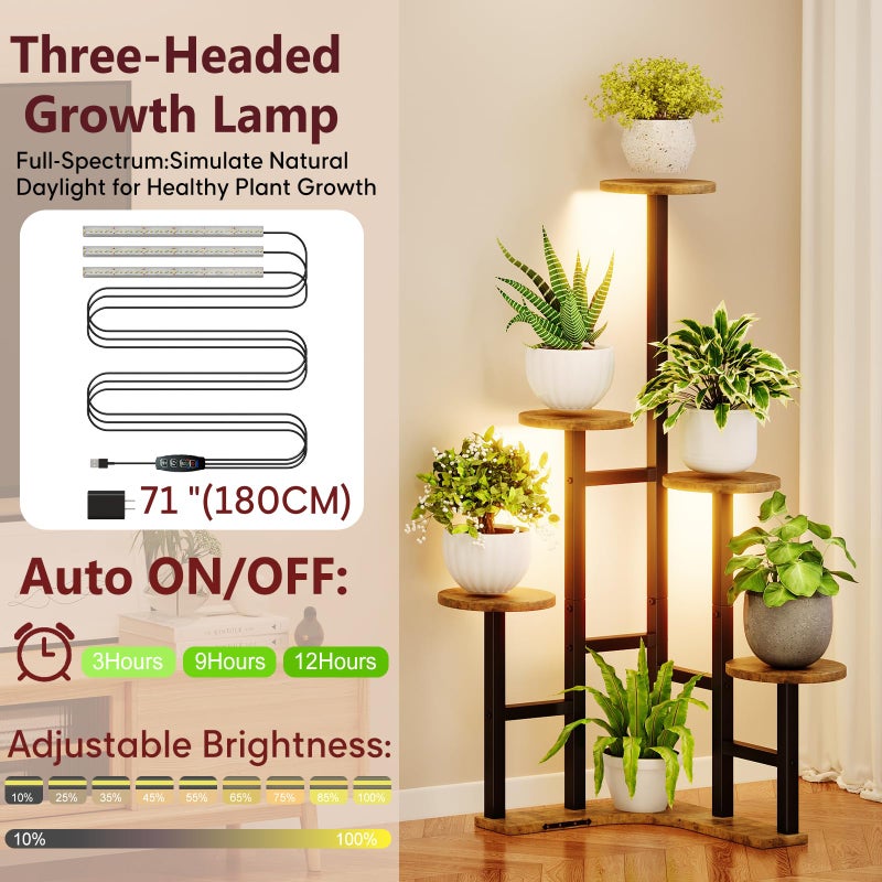 Yzosvki Corner Plant Stand Indoor with Grow Lights, 6 Tiered Corner Plant Shelf Flower Stand for Multiple Plants, Plant Shelves Organizer Rack for Living Room, Balcony, Patio, Round Rustic Brown - Image 4