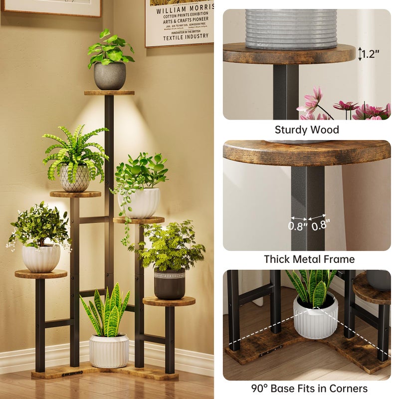 Yzosvki Corner Plant Stand Indoor with Grow Lights, 6 Tiered Corner Plant Shelf Flower Stand for Multiple Plants, Plant Shelves Organizer Rack for Living Room, Balcony, Patio, Round Rustic Brown - Image 5