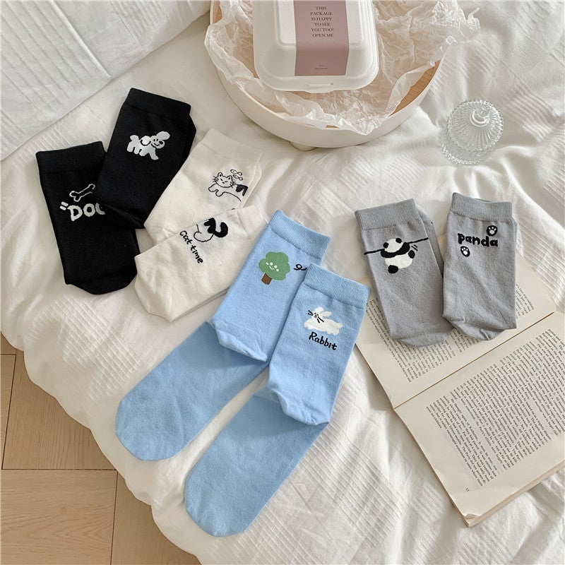 Socks Female Cartoon Animal Female Ab Mid-Calf Socks Ins Trendy Japanese Style Left And Right Feet Ab Socks Creative Personality Cotton Socks - Image 2