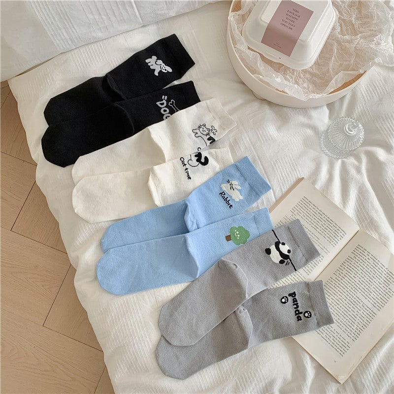 Socks Female Cartoon Animal Female Ab Mid-Calf Socks Ins Trendy Japanese Style Left And Right Feet Ab Socks Creative Personality Cotton Socks - Image 4