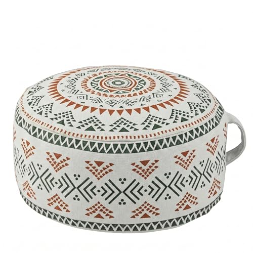 MOCOFO Unstuffed Round Pouf Cover - Boho Geometric Ottoman Footstool Cover with Handle, Tribal Fabric Floor Cushion Storage Bag for Living Room, Bedroom, Nursery (Sage Green/Terracotta) - Image 1
