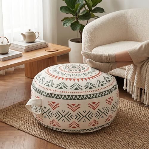 MOCOFO Unstuffed Round Pouf Cover - Boho Geometric Ottoman Footstool Cover with Handle, Tribal Fabric Floor Cushion Storage Bag for Living Room, Bedroom, Nursery (Sage Green/Terracotta) - Image 2