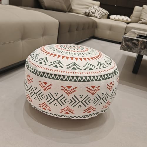 MOCOFO Unstuffed Round Pouf Cover - Boho Geometric Ottoman Footstool Cover with Handle, Tribal Fabric Floor Cushion Storage Bag for Living Room, Bedroom, Nursery (Sage Green/Terracotta) - Image 3