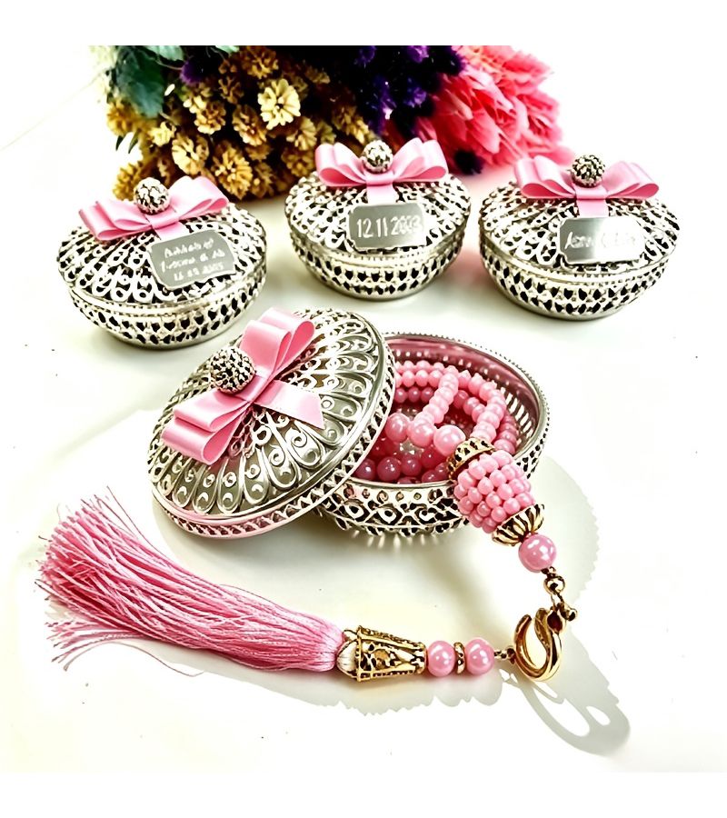 Silvery 4.4 Square Beads Gift Set With Engraved Acrylic Label Pink Ribbed Lace Gift Box And Satin Ribbon For Wedding Graduation Party Souvenir Family Gifts - Image 2
