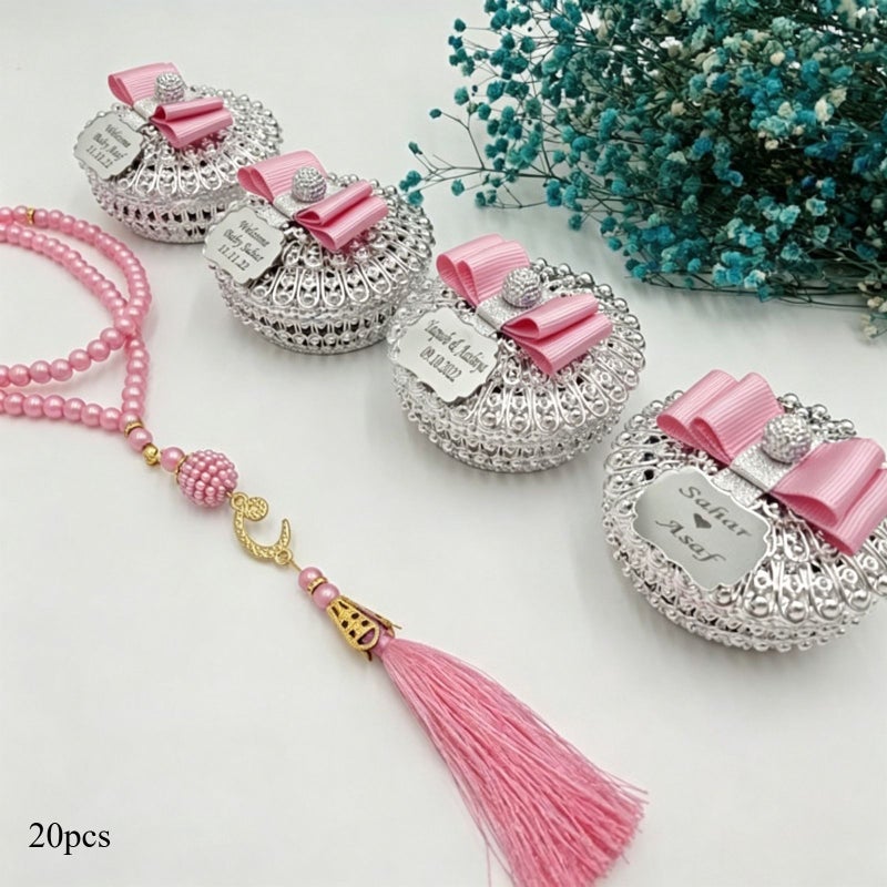 Silvery 4.4 Square Beads Gift Set With Engraved Acrylic Label Pink Ribbed Lace Gift Box And Satin Ribbon For Wedding Graduation Party Souvenir Family Gifts - Image 1