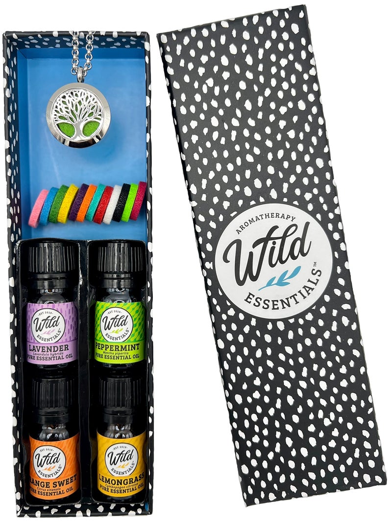 mEssentials Wild Essentials Tree of Life Necklace Essential Oil Diffuser Kit With Lavender Lemongrass Peppermint Orange Oils 12 Refill Pads Calming Aromatherapy Gift Set Customizable Color Changing Perfume