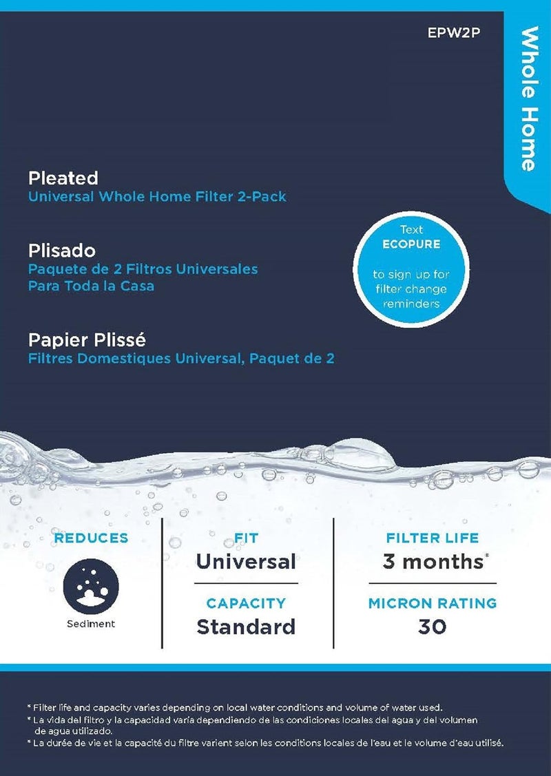 EcoPure EPW2P Pleated Universal Whole Home Water Filter 2-Pack – Fits Standard Capacity Systems – NSF Certified – 30 Micron – Reduces Sediment, Sand, Dirt & Rust – 3-Month Life per Filter - Image 3