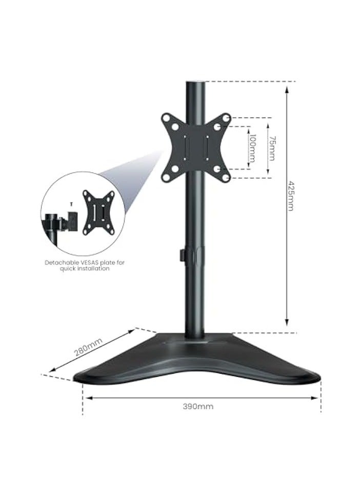 erorex Single Monitor Stand arm - Freestanding Steel Full Motion Desk Stand Riser Fits 1 Screen up to 32” with Height Adjustable, Tilt, Swivel, Rotation, VESA 75/100mm, 8KG Weight Capacity, Black - Image 3
