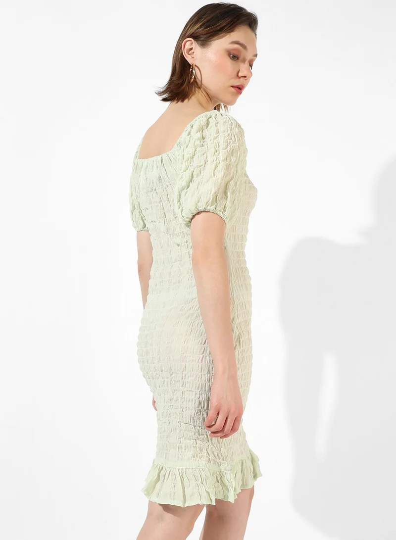 PINACOLADA Women's Pastel Green Puff-Sleeved Creased Dress For Casual Wear | Off-Shoulder | Short Sleeve | Pull On Closure | Dress Designed With Comfort Fit For Woman & Girls