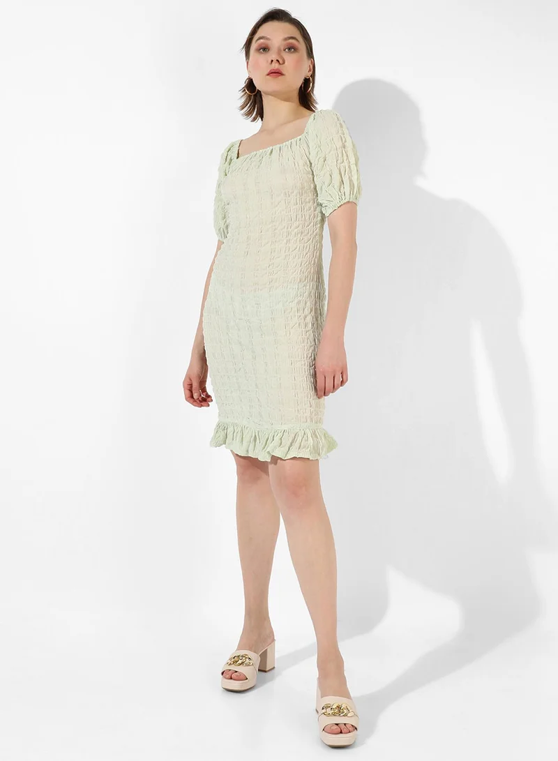 PINACOLADA Women's Pastel Green Puff-Sleeved Creased Dress For Casual Wear | Off-Shoulder | Short Sleeve | Pull On Closure | Dress Designed With Comfort Fit For Woman & Girls
