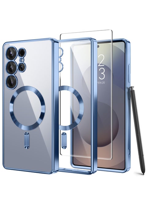 Magnetic Case Compatible with Samsung Galaxy S25 Ultra Compatible with MagSafe [Full Camera Protection][Screen Protector] Shockproof Plating Clear Phone Cover for Galaxy S25 Ultra(Blue/Clear)
