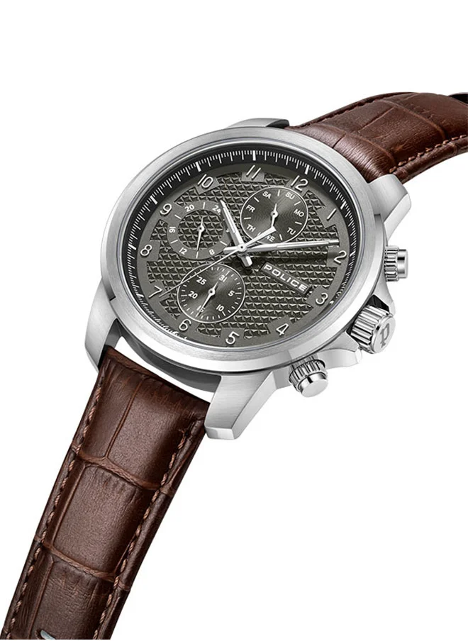 POLICE Mensor Gents 44mm Chronograph Watch with Grey Hydraulic-Stamped Dial & Leather Strap