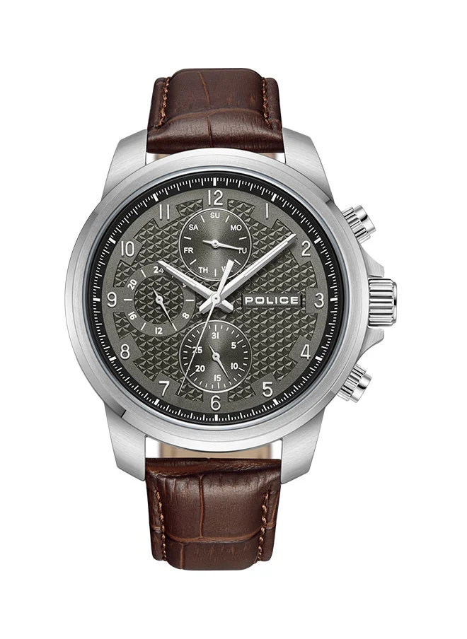 POLICE Mensor Gents 44mm Chronograph Watch with Grey Hydraulic-Stamped Dial & Leather Strap