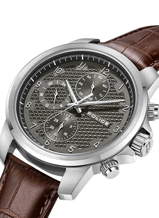 POLICE Mensor Gents 44mm Chronograph Watch with Grey Hydraulic-Stamped Dial & Leather Strap