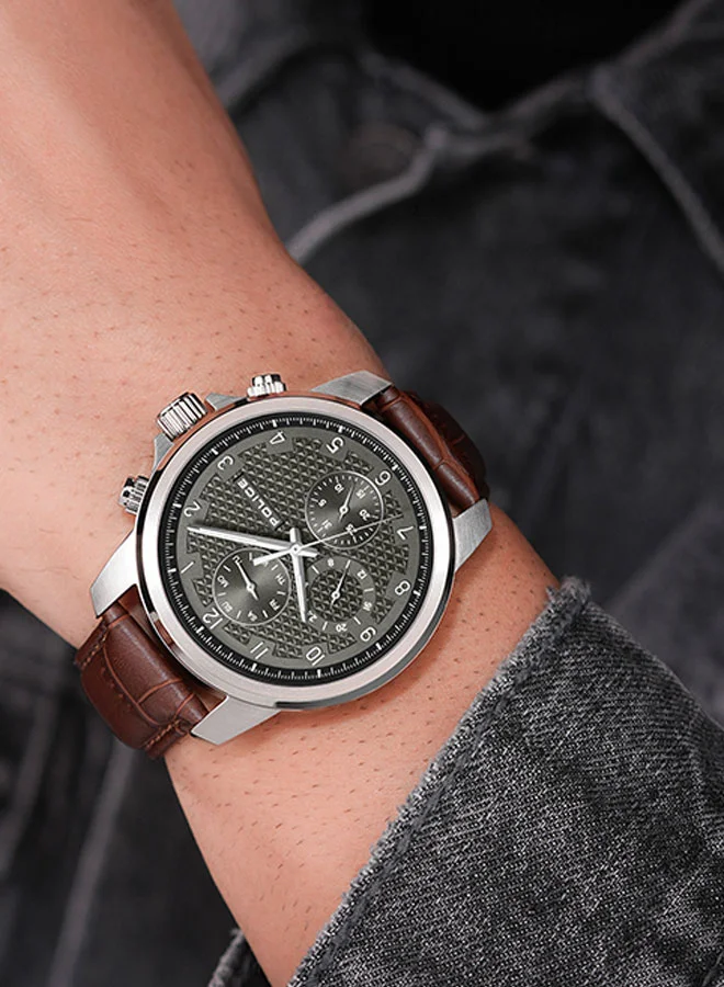 POLICE Mensor Gents 44mm Chronograph Watch with Grey Hydraulic-Stamped Dial & Leather Strap