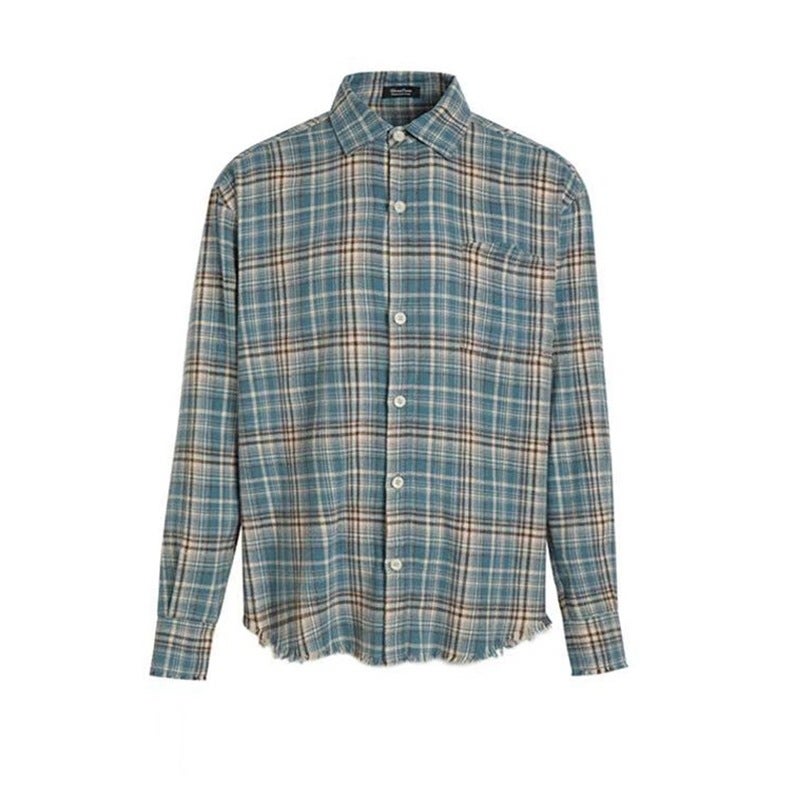 American Retro Tassel Destruction Blue Plaid Shirt Trendy Brand Niche Edge Design Men'S And Women'S Shirt Jacket - Image 1