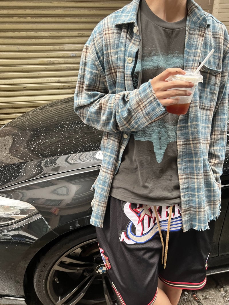 American Retro Tassel Destruction Blue Plaid Shirt Trendy Brand Niche Edge Design Men'S And Women'S Shirt Jacket - Image 2