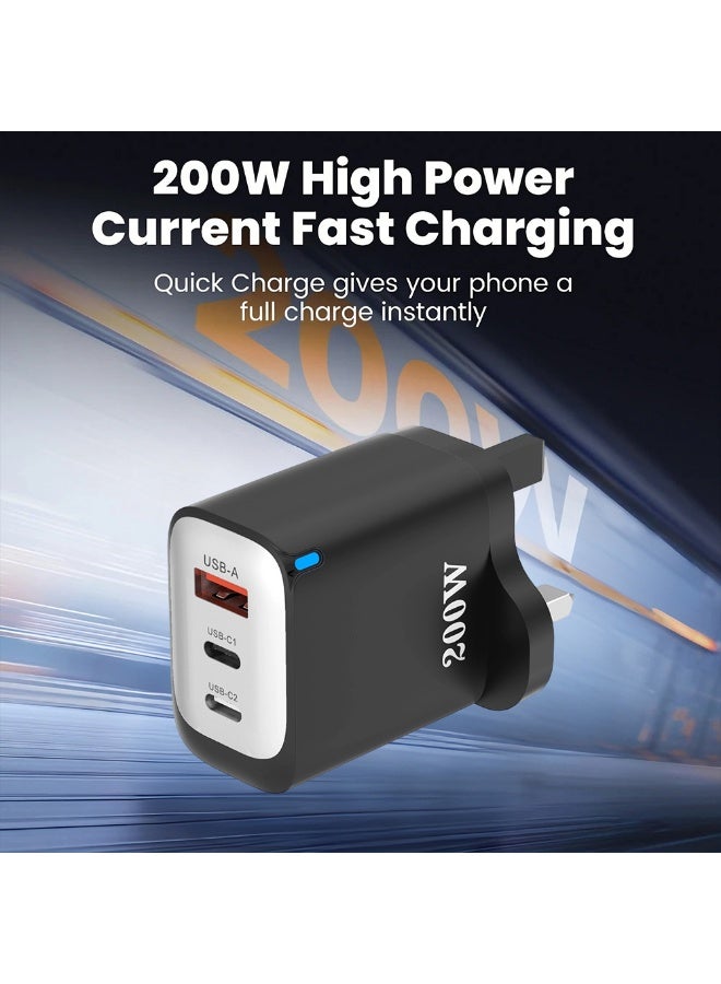 FDTY 200W High Efficiency Fast Charger, 3-Port 2USB-C 1USB-A, PD3.0 QC3.0 Fast Charging, UK 3-Pin Plug, 100-240V Wide Voltage, Multi-Protection Safety Charger for Phones Tablets Laptops - Image 3