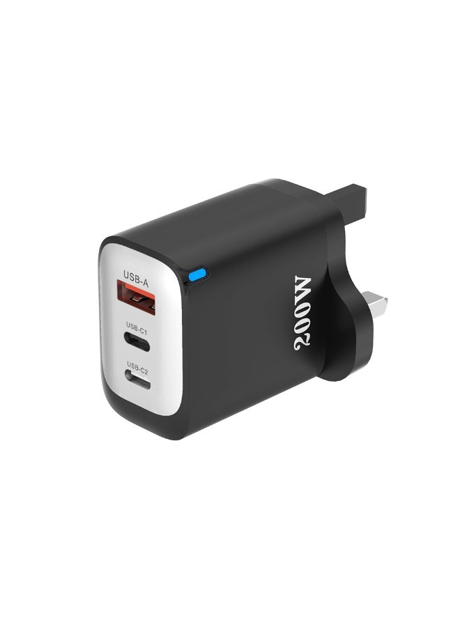 FDTY 200W High Efficiency Fast Charger, 3-Port 2USB-C 1USB-A, PD3.0 QC3.0 Fast Charging, UK 3-Pin Plug, 100-240V Wide Voltage, Multi-Protection Safety Charger for Phones Tablets Laptops - Image 1