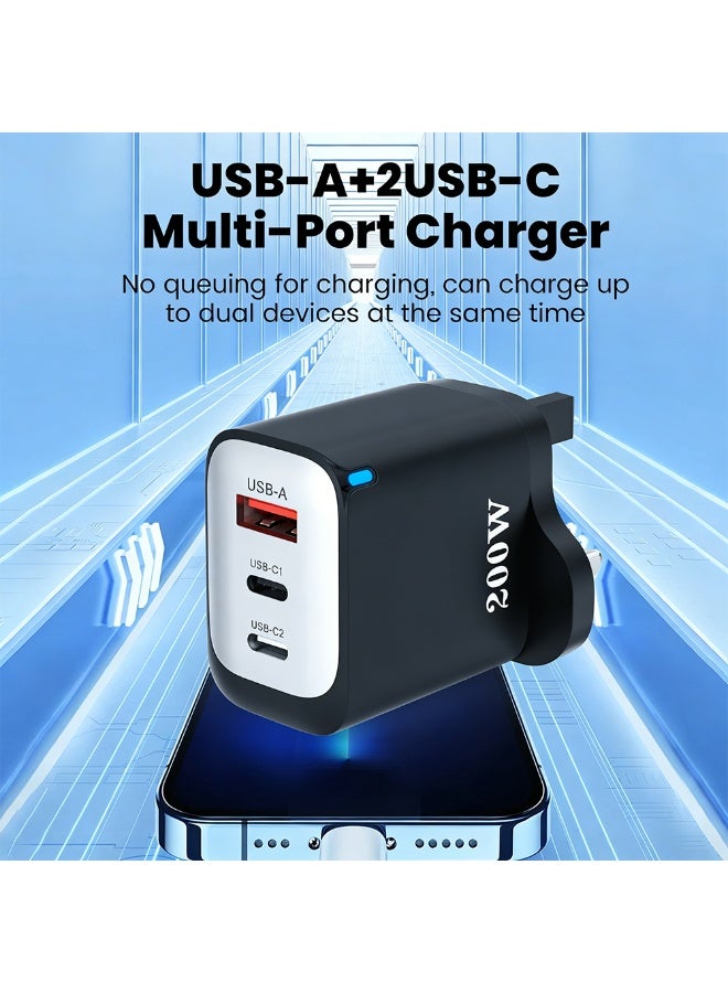 FDTY 200W High Efficiency Fast Charger, 3-Port 2USB-C 1USB-A, PD3.0 QC3.0 Fast Charging, UK 3-Pin Plug, 100-240V Wide Voltage, Multi-Protection Safety Charger for Phones Tablets Laptops - Image 2