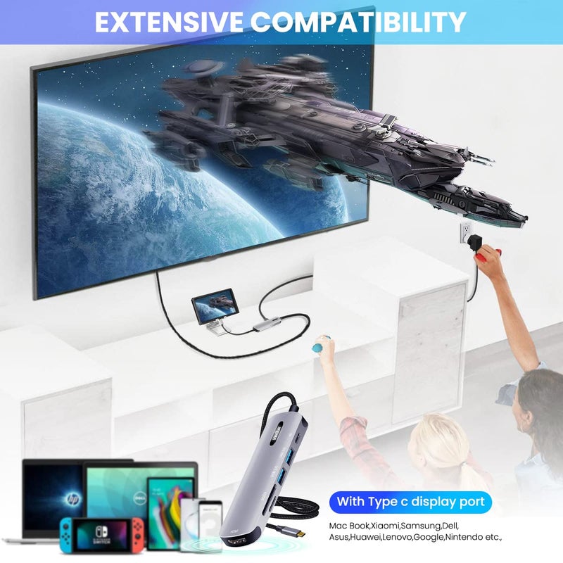 Verilux ® USB C HUB 6 in 1 USB C to HDMI Adapter 4K@30Hz, 3.0/2.0 USB Adapter Multiple Port, SD/TF Card Reader, PD 100W Charging Port USB Type C Hub for Laptop, MacBook Pro Air USB Hub Long Cable 20CM - Image 3