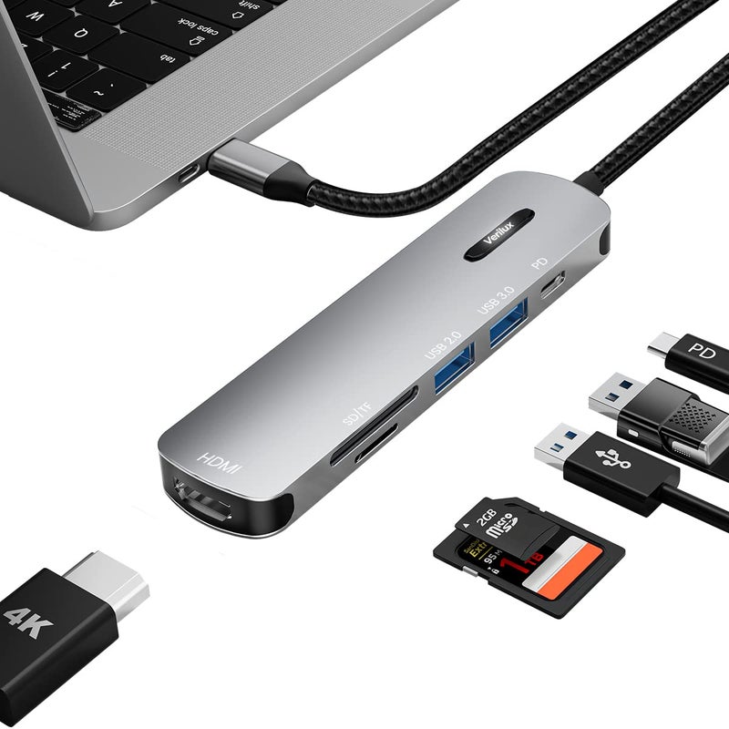 Verilux ® USB C HUB 6 in 1 USB C to HDMI Adapter 4K@30Hz, 3.0/2.0 USB Adapter Multiple Port, SD/TF Card Reader, PD 100W Charging Port USB Type C Hub for Laptop, MacBook Pro Air USB Hub Long Cable 20CM - Image 1
