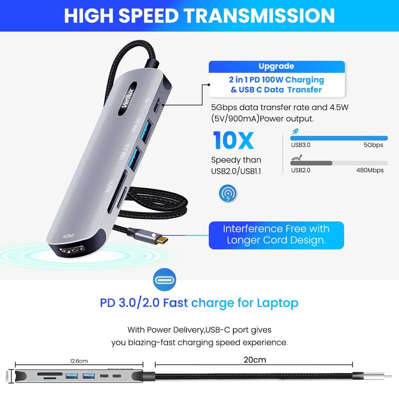 Verilux ® USB C HUB 6 in 1 USB C to HDMI Adapter 4K@30Hz, 3.0/2.0 USB Adapter Multiple Port, SD/TF Card Reader, PD 100W Charging Port USB Type C Hub for Laptop, MacBook Pro Air USB Hub Long Cable 20CM - Image 2