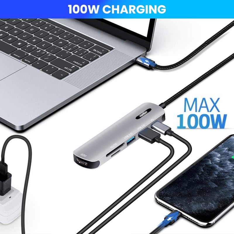 Verilux ® USB C HUB 6 in 1 USB C to HDMI Adapter 4K@30Hz, 3.0/2.0 USB Adapter Multiple Port, SD/TF Card Reader, PD 100W Charging Port USB Type C Hub for Laptop, MacBook Pro Air USB Hub Long Cable 20CM - Image 4