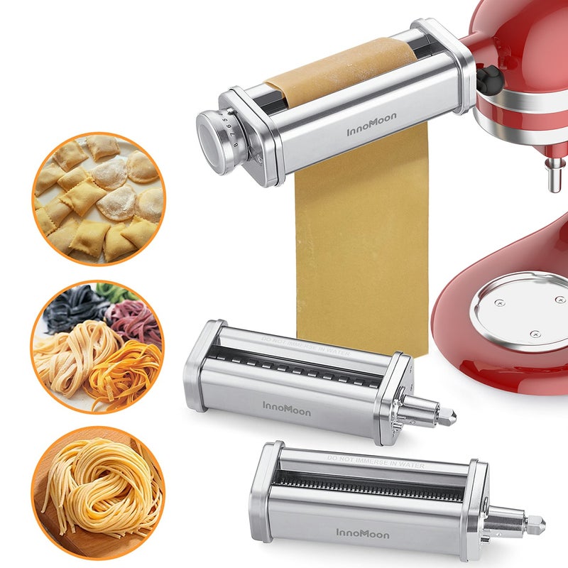 InnoMoon Pasta Maker Attachment for KitchenAid Stand Mixer Includes Pasta Sheet Rollar Spaghetti Cutter Fettuccine Cutter Stainless Steel Pasta Attachment Sets by InnoMoon 