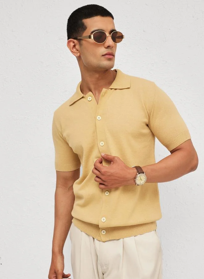 ساسافراس Men Beige Front Button Knitted Polo Shirt