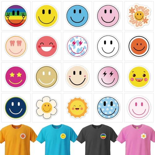 Wercokt 20 Sheets Smiling Iron On Transfer Heat Transfer Iron ons Decals Vinyl Transfer Smiling Iron on Patches for TShirt Clothing ackpacks Pillow Fabric Appliques Bag DIY Decoration 236 Inch - Image 1