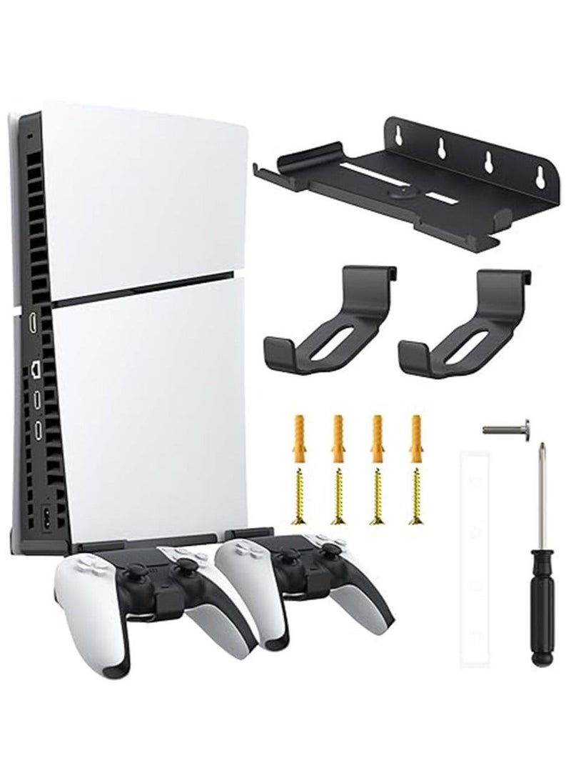 عام حامل جداري لجهاز PS5 سليم - إكسسوارات لجهاز PS5 سليم الإصدار الرقمي/القرص رف طافي خلف التلفاز، مع حاملة 2 وحدات تحكم قابلة للفصل، مجموعة قاعدة معدنية صلبة، تركيب سهل - Image 1