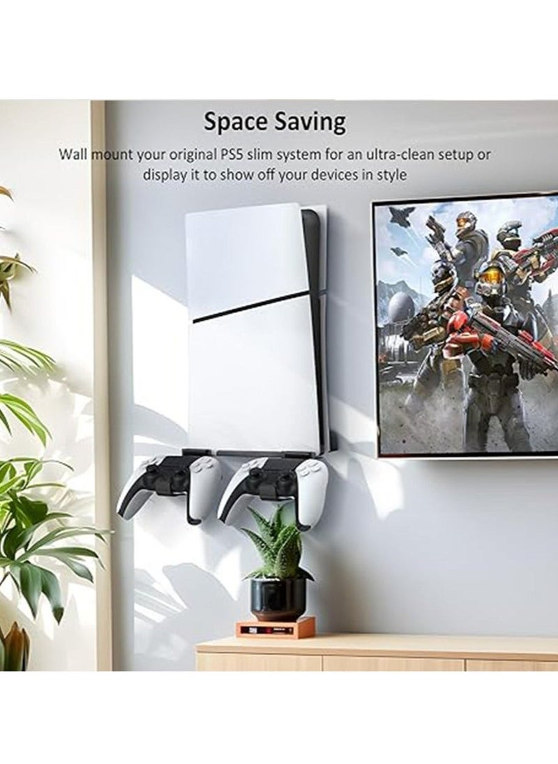 عام حامل جداري لجهاز PS5 سليم - إكسسوارات لجهاز PS5 سليم الإصدار الرقمي/القرص رف طافي خلف التلفاز، مع حاملة 2 وحدات تحكم قابلة للفصل، مجموعة قاعدة معدنية صلبة، تركيب سهل - Image 5