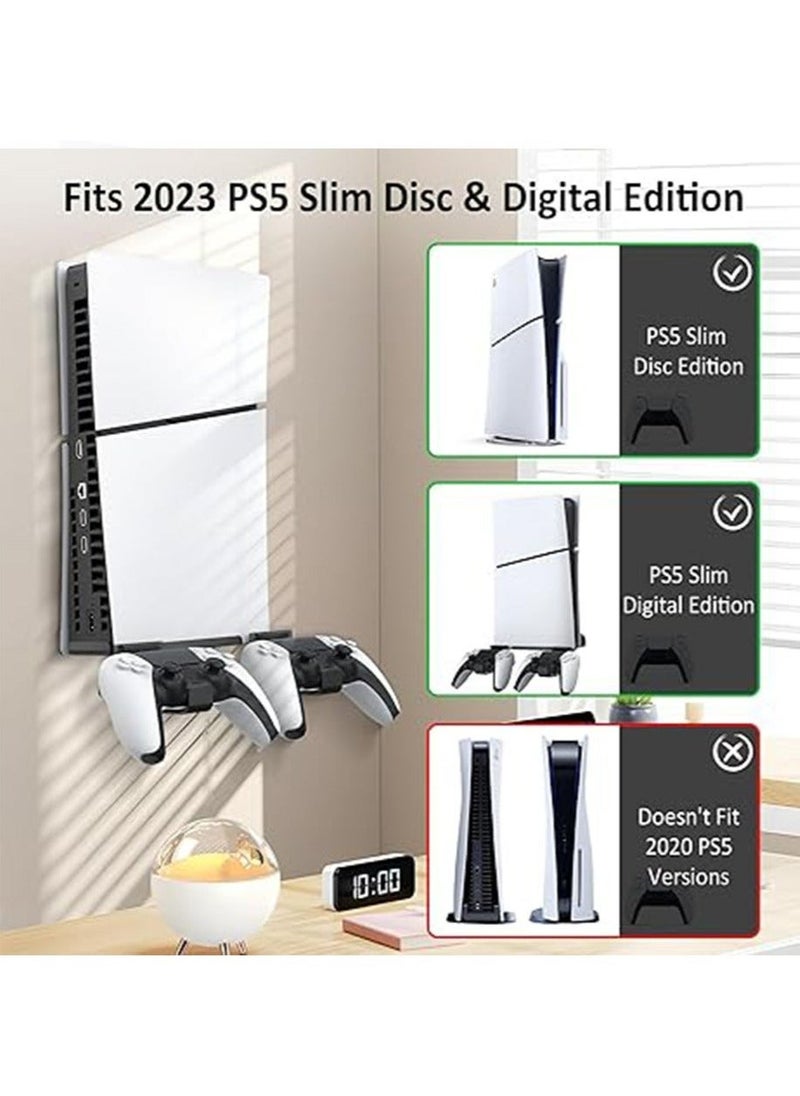 عام حامل جداري لجهاز PS5 سليم - إكسسوارات لجهاز PS5 سليم الإصدار الرقمي/القرص رف طافي خلف التلفاز، مع حاملة 2 وحدات تحكم قابلة للفصل، مجموعة قاعدة معدنية صلبة، تركيب سهل - Image 2