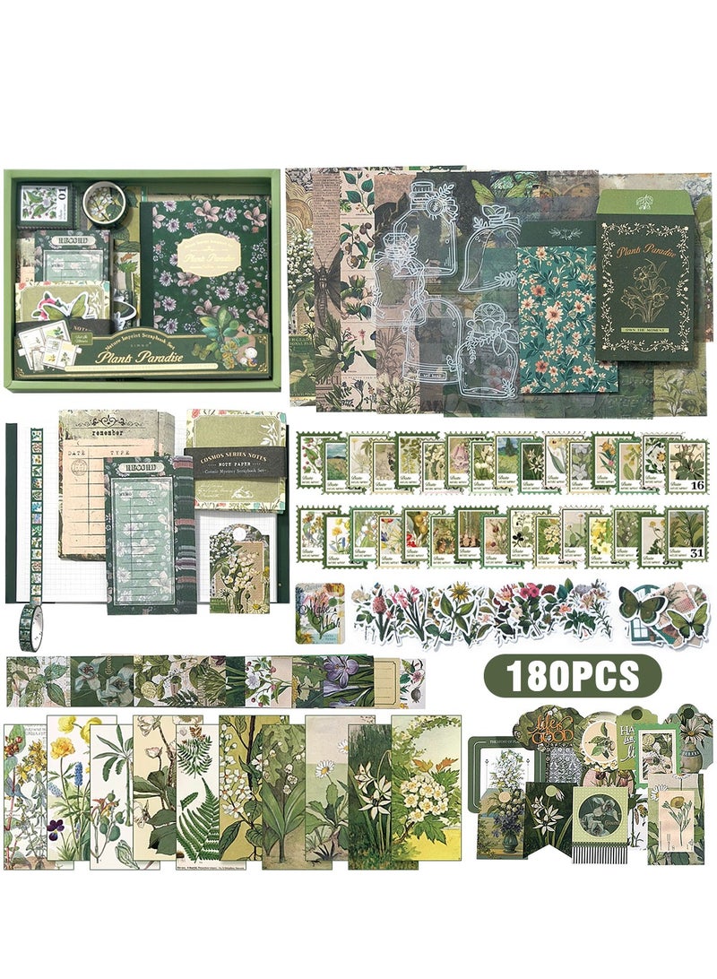 Vintage Aesthetic Scrapbook Kit(180pcs), Plant Theme Journal Kit with Journaling/Scrapbooking Supplies, Stationery, A6 Grid Notebook Graph Ruled Pages.DIY Gift for Teen Girl Kid Women. - Image 1