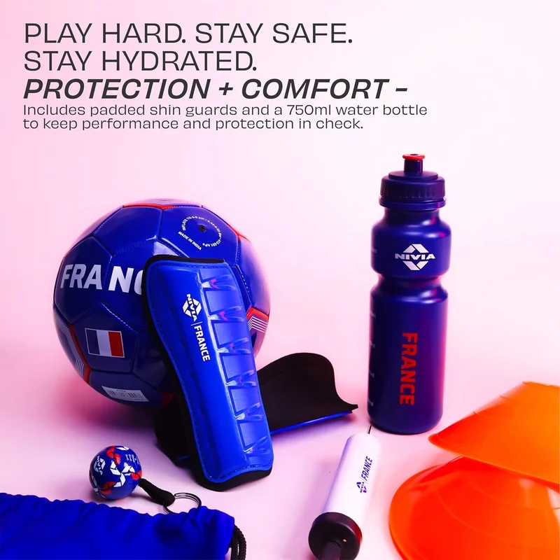 نيفيا Nivia France Football Set - Complete 7-in-1 Kit with PVC Football, Shin Guards, Pump, Carry Bag, Water Bottle, Cones, and Key Ring