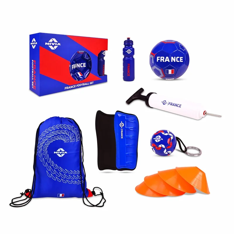 نيفيا Nivia France Football Set - Complete 7-in-1 Kit with PVC Football, Shin Guards, Pump, Carry Bag, Water Bottle, Cones, and Key Ring