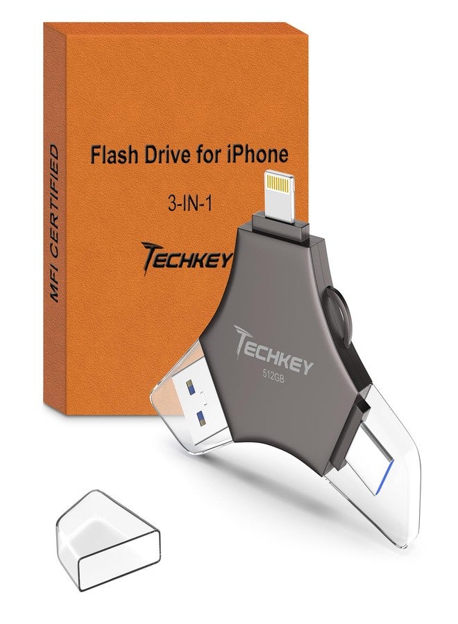 TECHKEY MFi Certified USB 3.0 Flash Drive 512GB for iPhone, 3in1 External Memory Photo Keeper Storage Stick for Picture/Video/Data Saver/Backup, High Speed Thumb/Jump/Hard Drives for iPad/Android/PC (Black) - Image 1